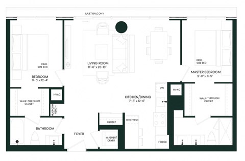Floor plan for 2 beds, 2 baths, 969 sqft